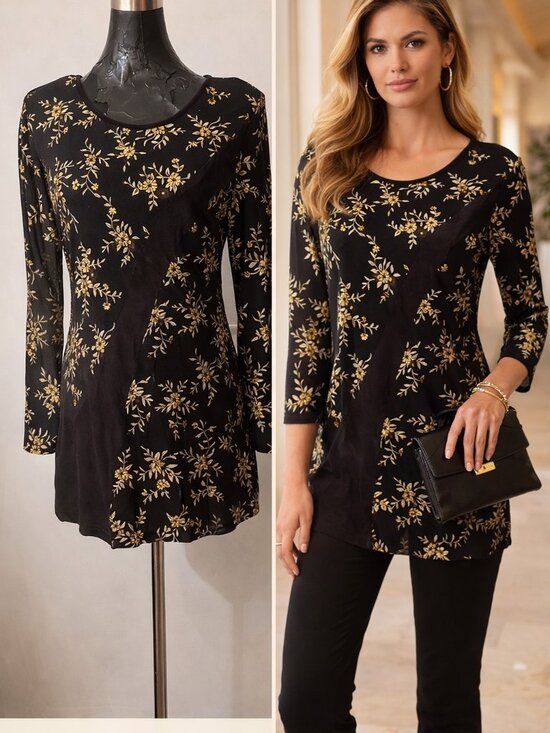 Creations Joseph Ribkoff Tops - Black Gold Floral Tunic Size 8 — Quiet Luxury / Evening Chic